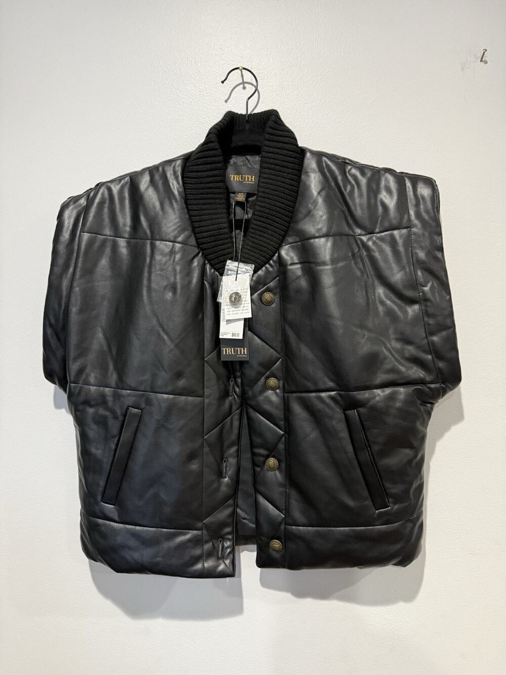 NWT Truth by Republic Women Black Faux Leather Boxy Vest Size Small Puffer Moto